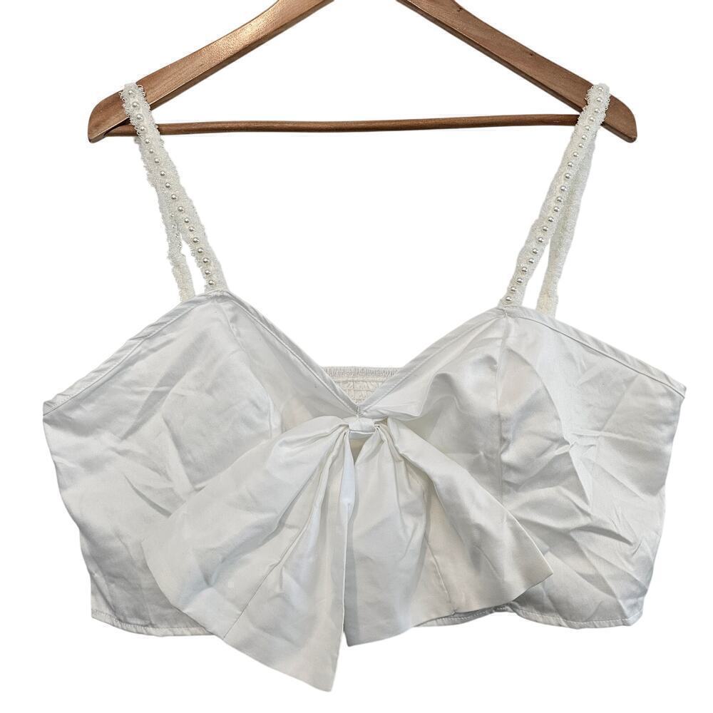 Bow Crop Top Cami Women 2X White Lace Beaded Straps Bralette Coquette Girly Boho